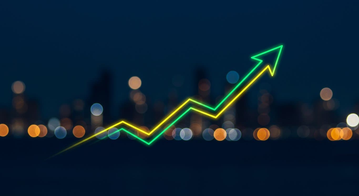 Stylized graph depicting financial growth against a dark blue city skyline.