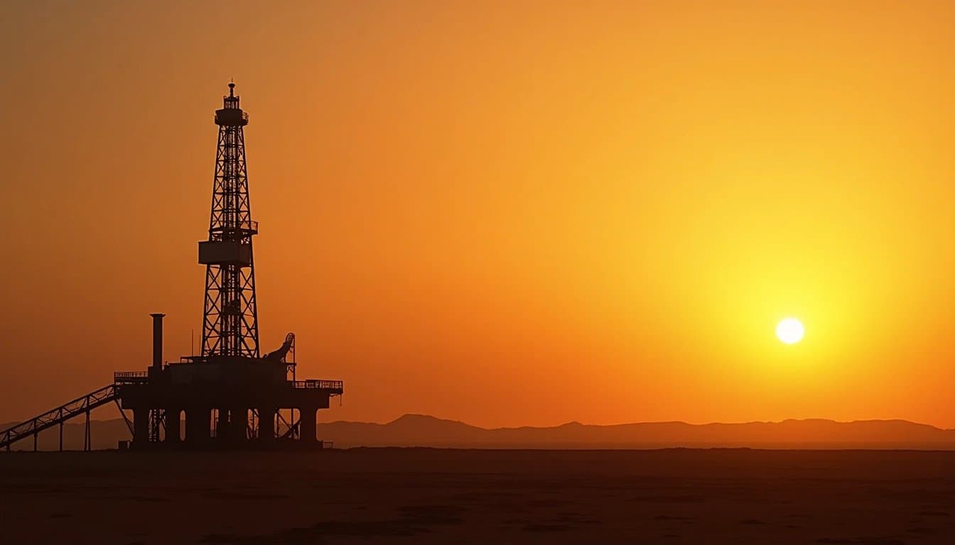 Oil rig silhouetted against a warm sunset.