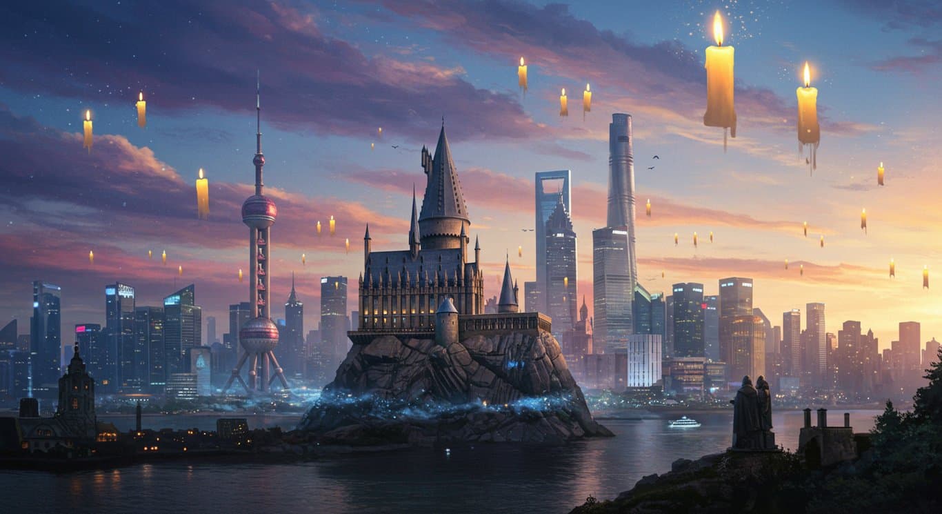 Shanghai skyline infused with Harry Potter magic, illustrating Warner Bros. Discovery's theme park venture.