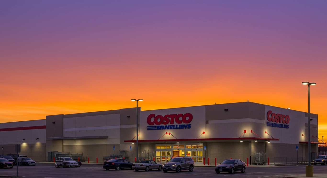 Costco warehouse exterior at dusk, showcasing its logo and bustling parking lot.