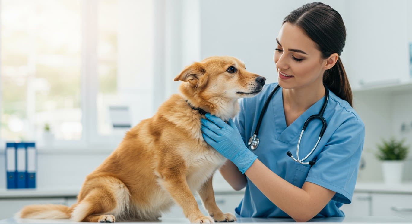 A veterinarian examining a healthy dog in a bright, modern clinic.