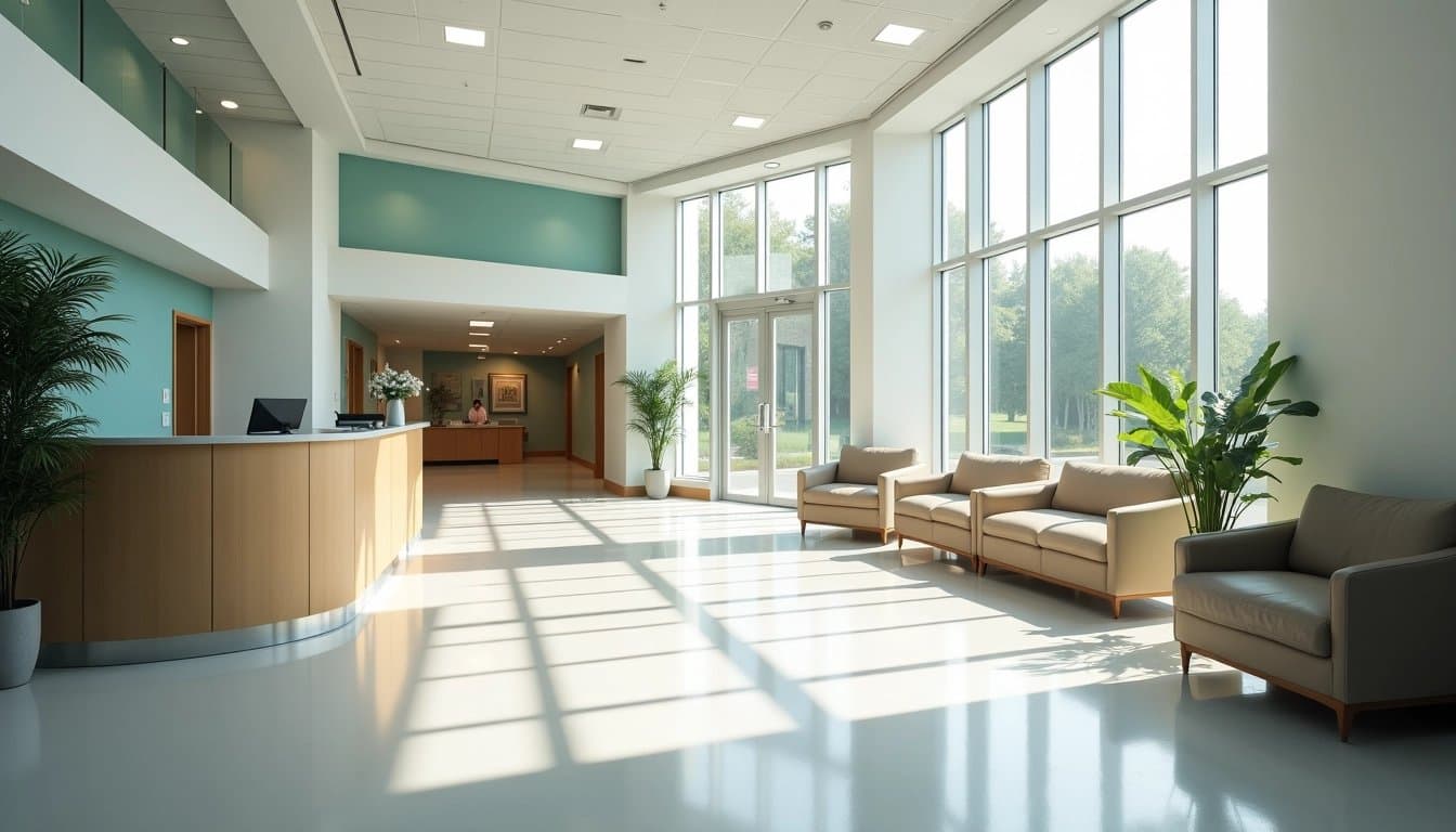 Modern hospital lobby with seating area.