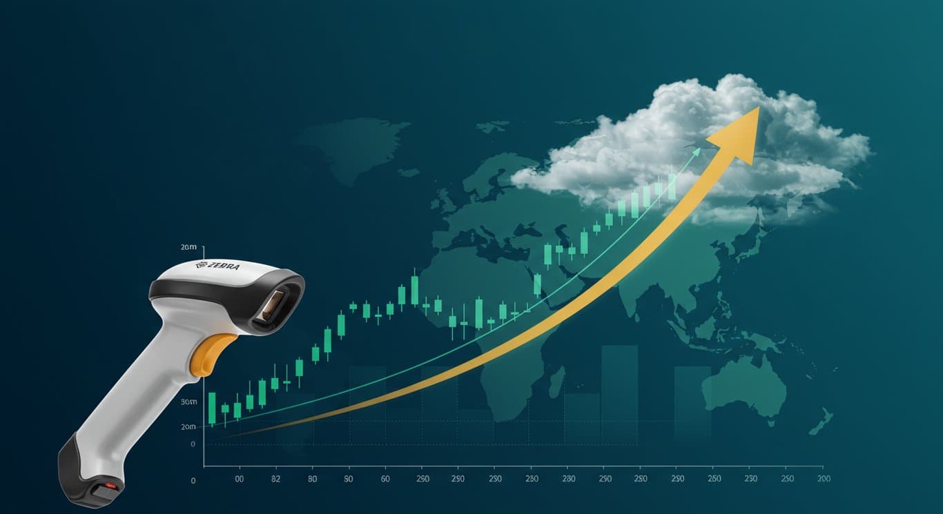 Zebra Technologies: Strong Q4 earnings contrasted with tariff challenges. Barcode scanner pointing toward rising stock chart, shadowed by trade uncertainties.