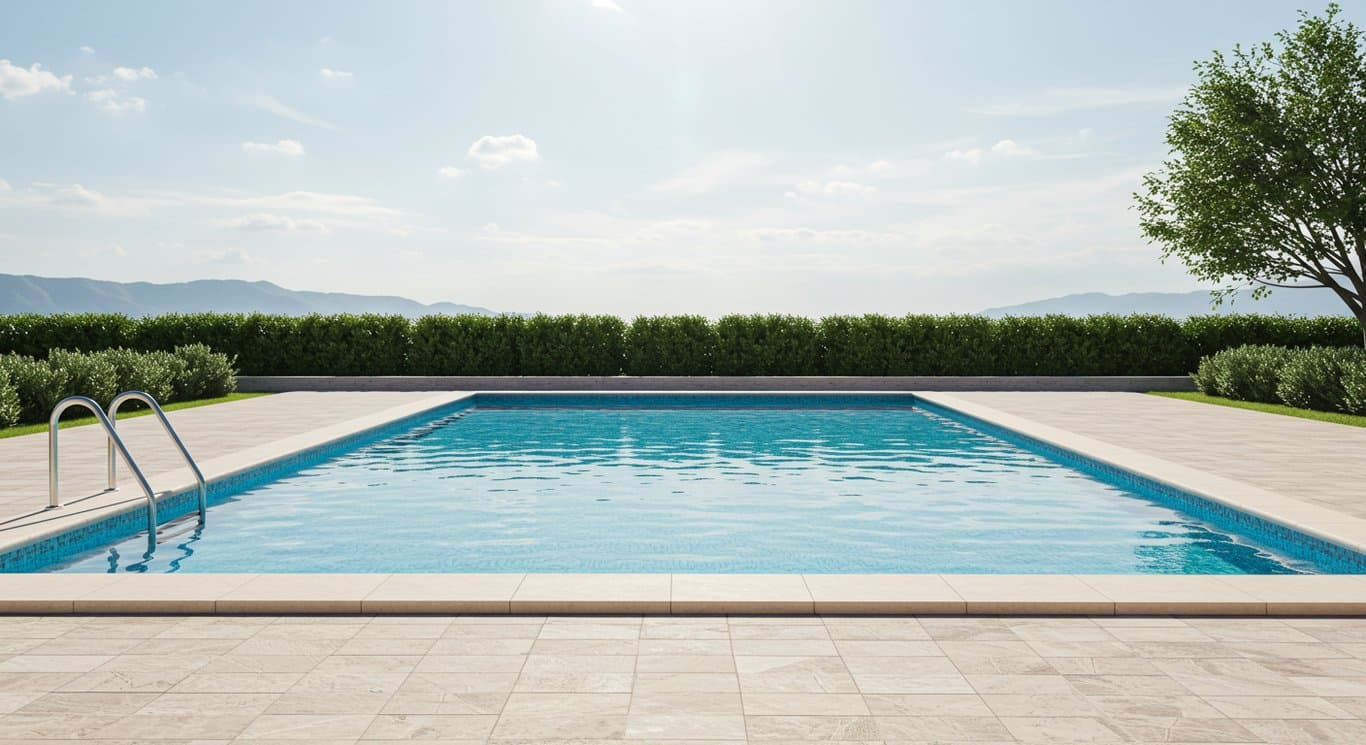 A clear swimming pool surrounded by patio and greenery.