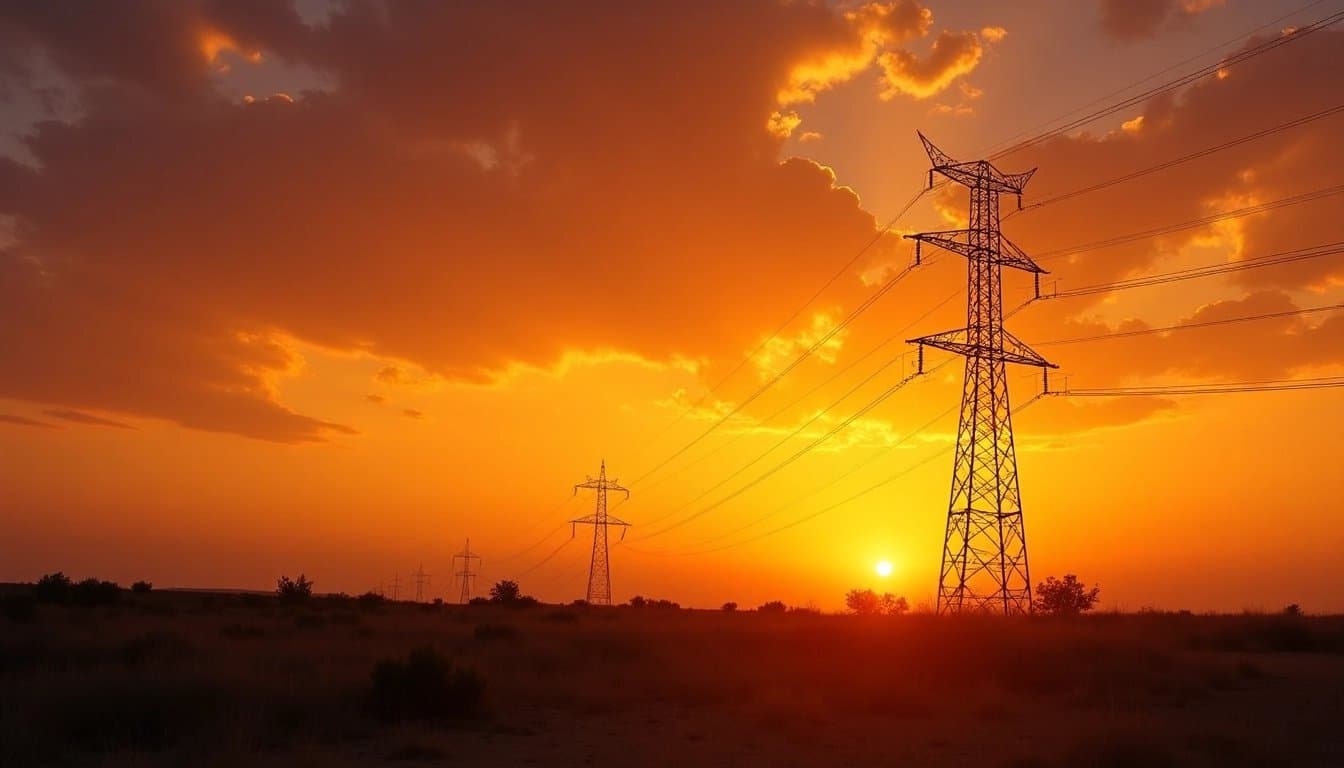 Electrical tower silhouette against a sunset, symbolizing wildfire risk.