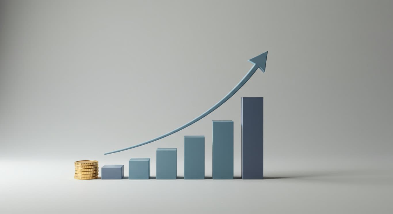 Stylized bar graph showing upward trending growth, representing financial progress.