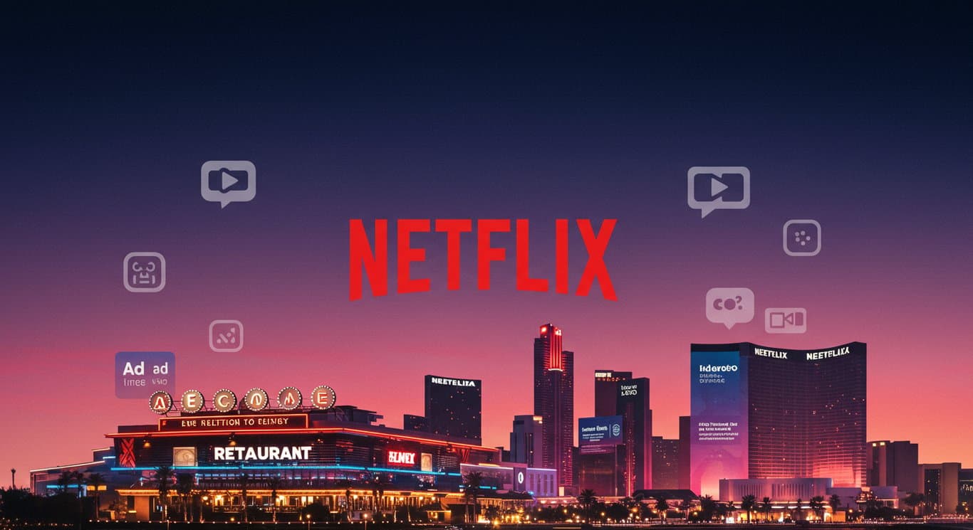 Netflix logo with Las Vegas skyline, podcast icons, and ad banners, representing diversification and innovation.