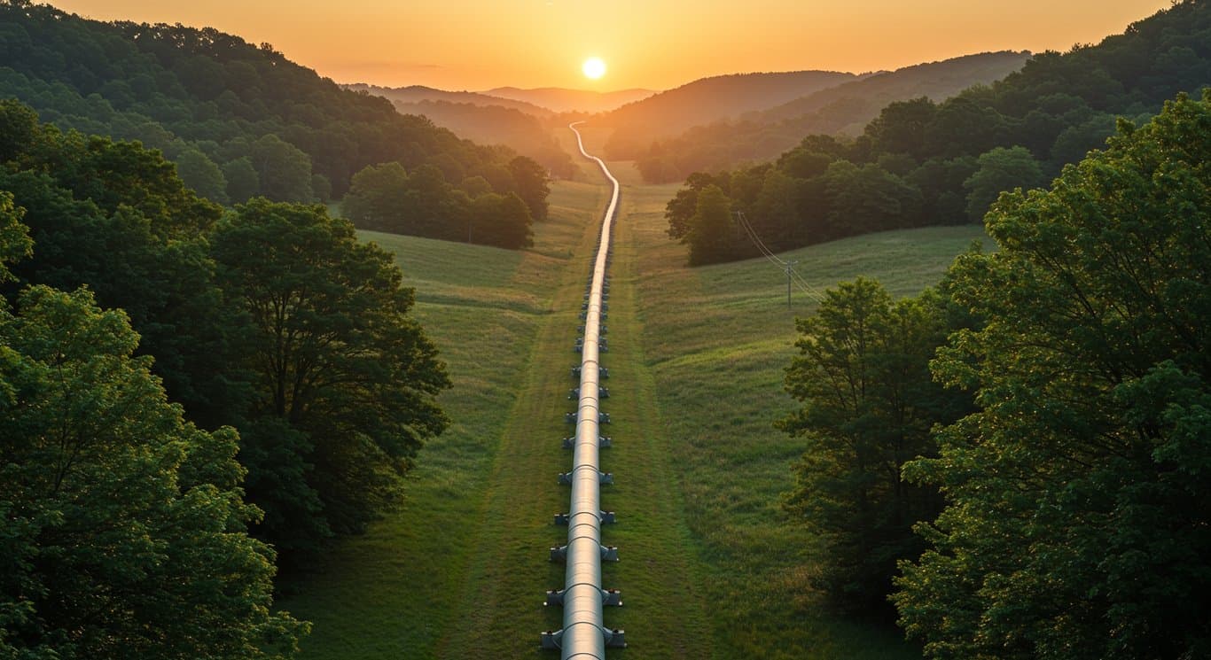 Natural gas pipeline winding through a green, hilly landscape.