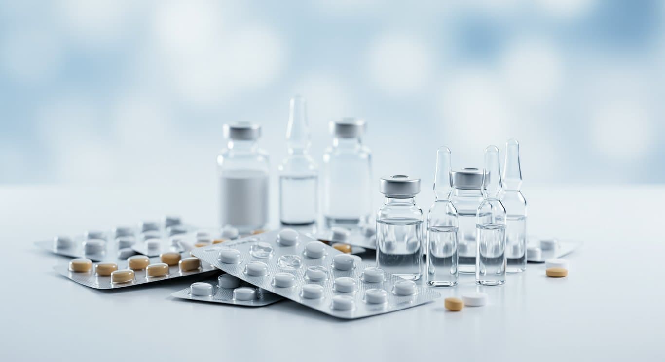 Pharmaceutical products arranged on a clean surface.