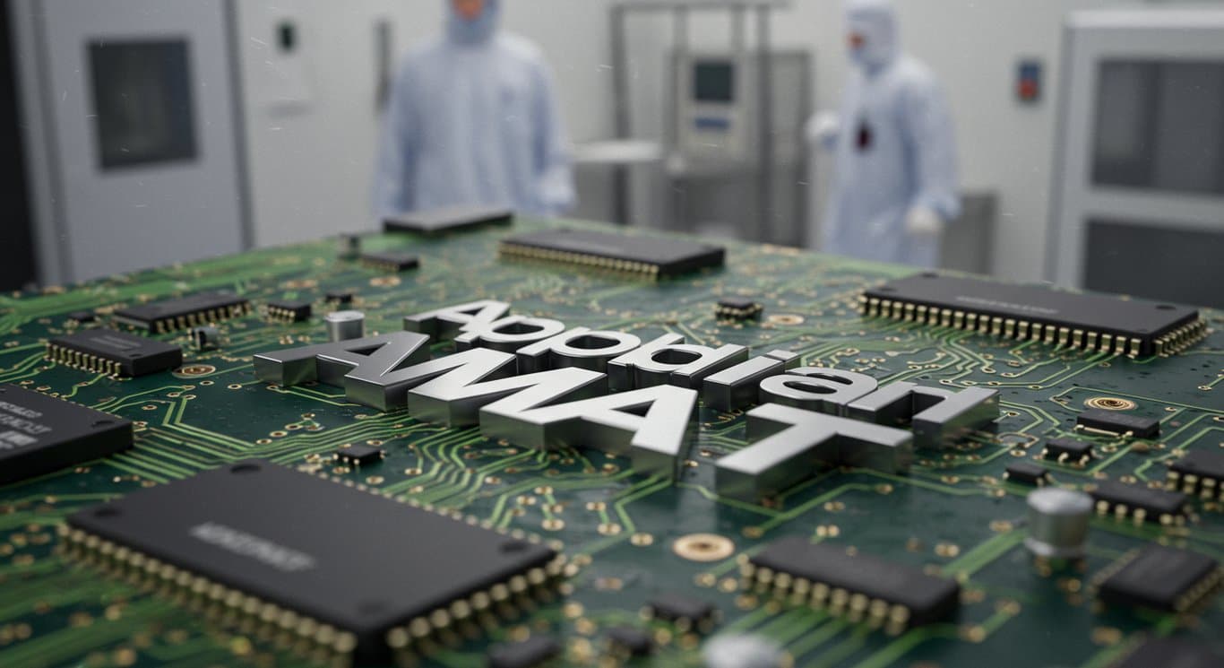 Applied Materials company logo on a circuit board, cleanroom background.