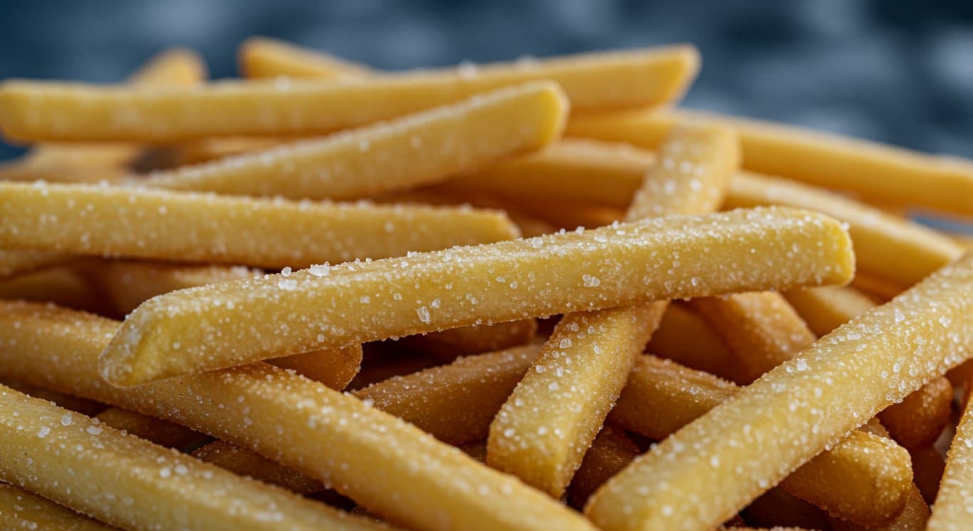 Close-up of frozen french fries with ice crystals.