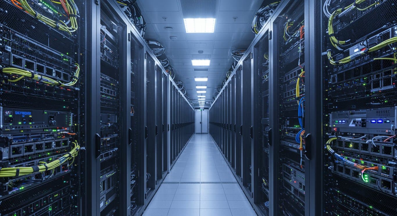 Data center interior with rows of server racks.