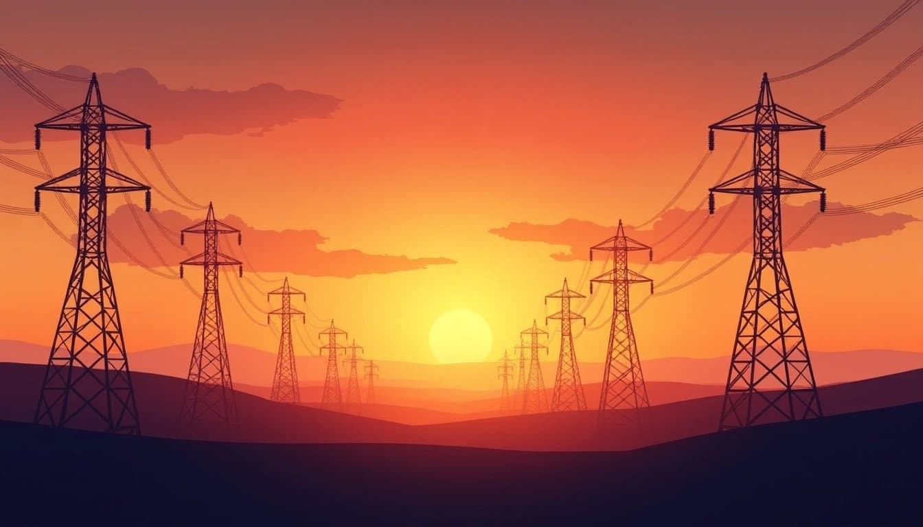 Electrical transmission towers at sunset.