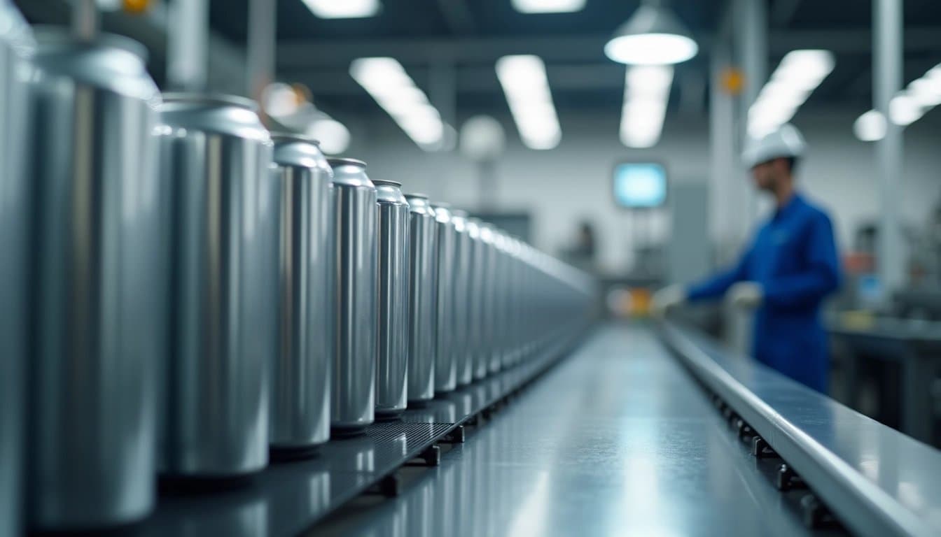 Aluminum cans on a factory conveyor belt.