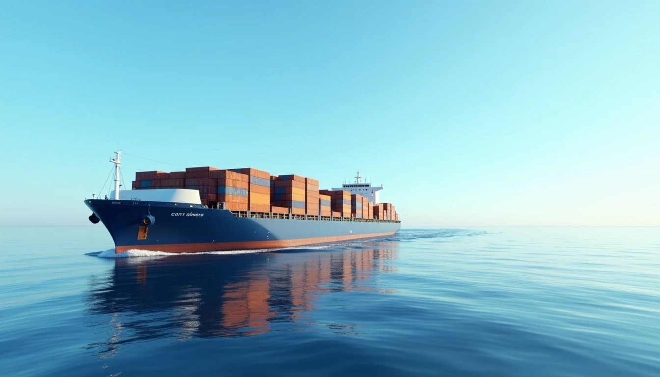 Cargo ship transporting containers on the open sea.