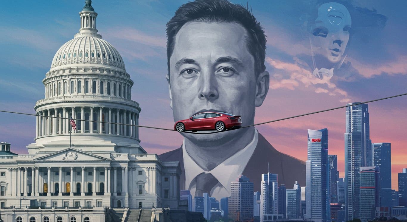 Tesla car on a tightrope between government and competition, symbolizing the company's current challenges.