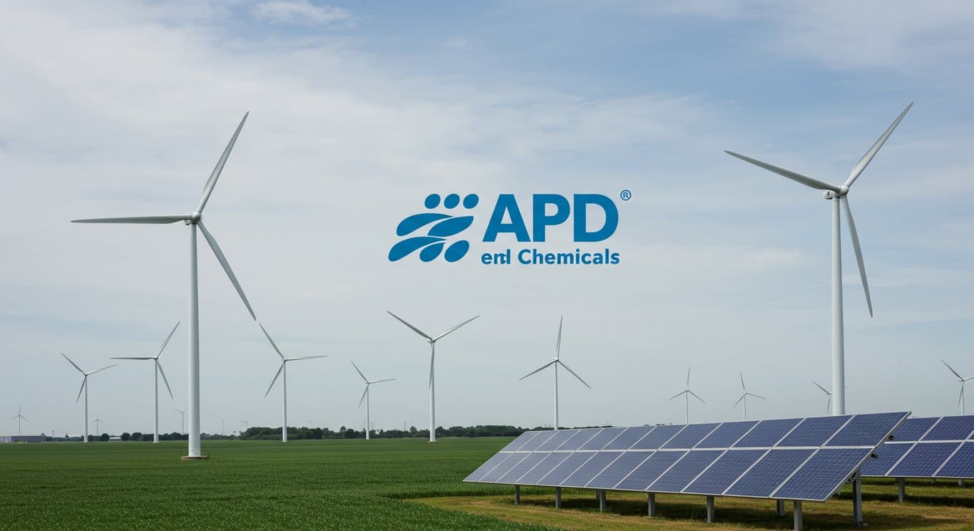 Air Products and Chemicals (APD) logo against a clean energy backdrop.