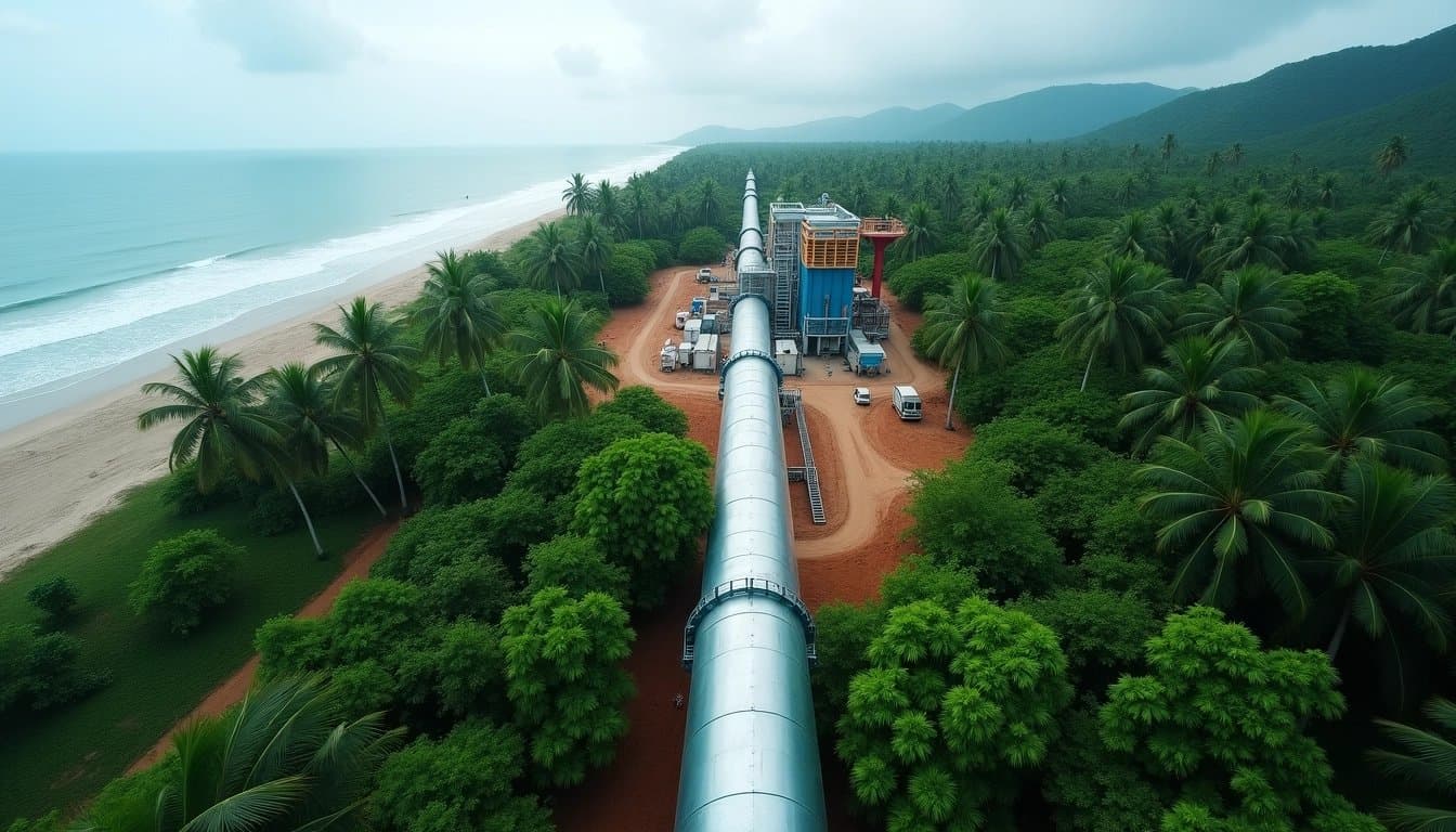 Aerial view of gas pipeline construction in a lush, tropical environment.