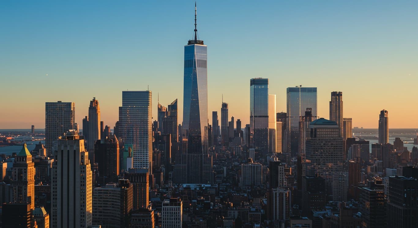 New York City skyline with skyscrapers under a blue sky.