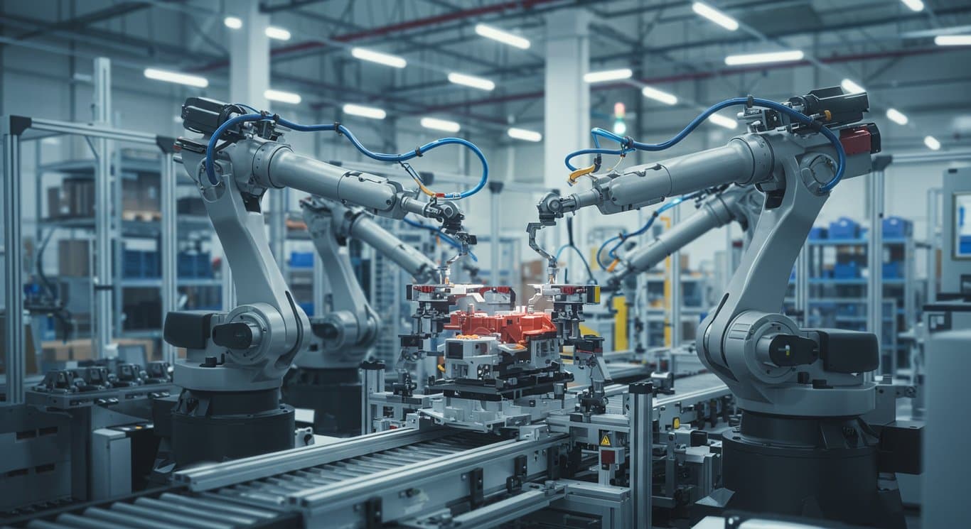 Automated factory floor showcasing Siemens' digital industry solutions.