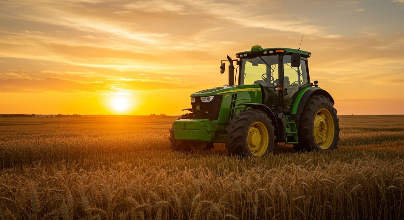 Deere tractor in a golden wheat field at sunset.