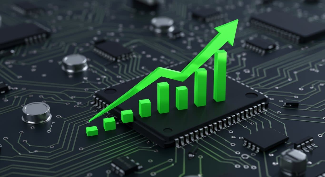 Stylized stock chart overlaid on a circuit board, representing HP's potential growth.