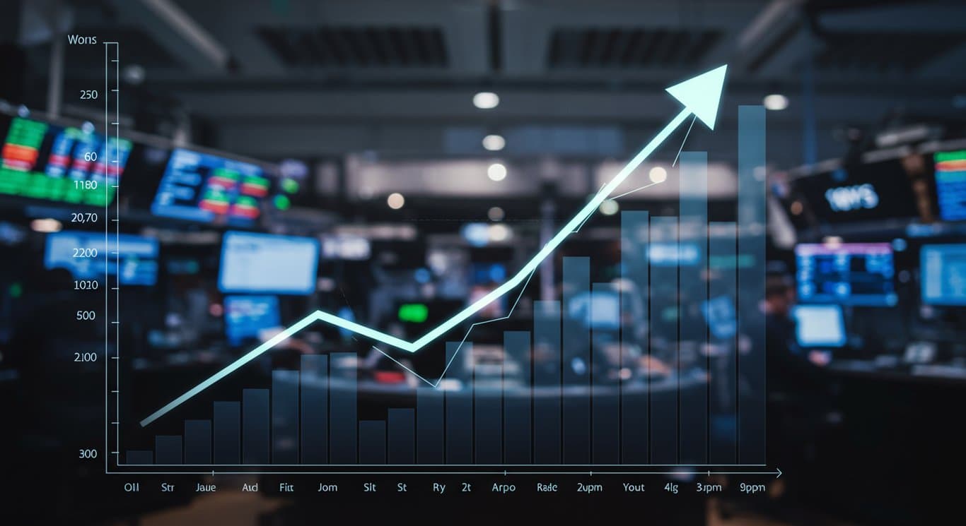 Stylized graph depicting financial growth against a blurred stock market background.