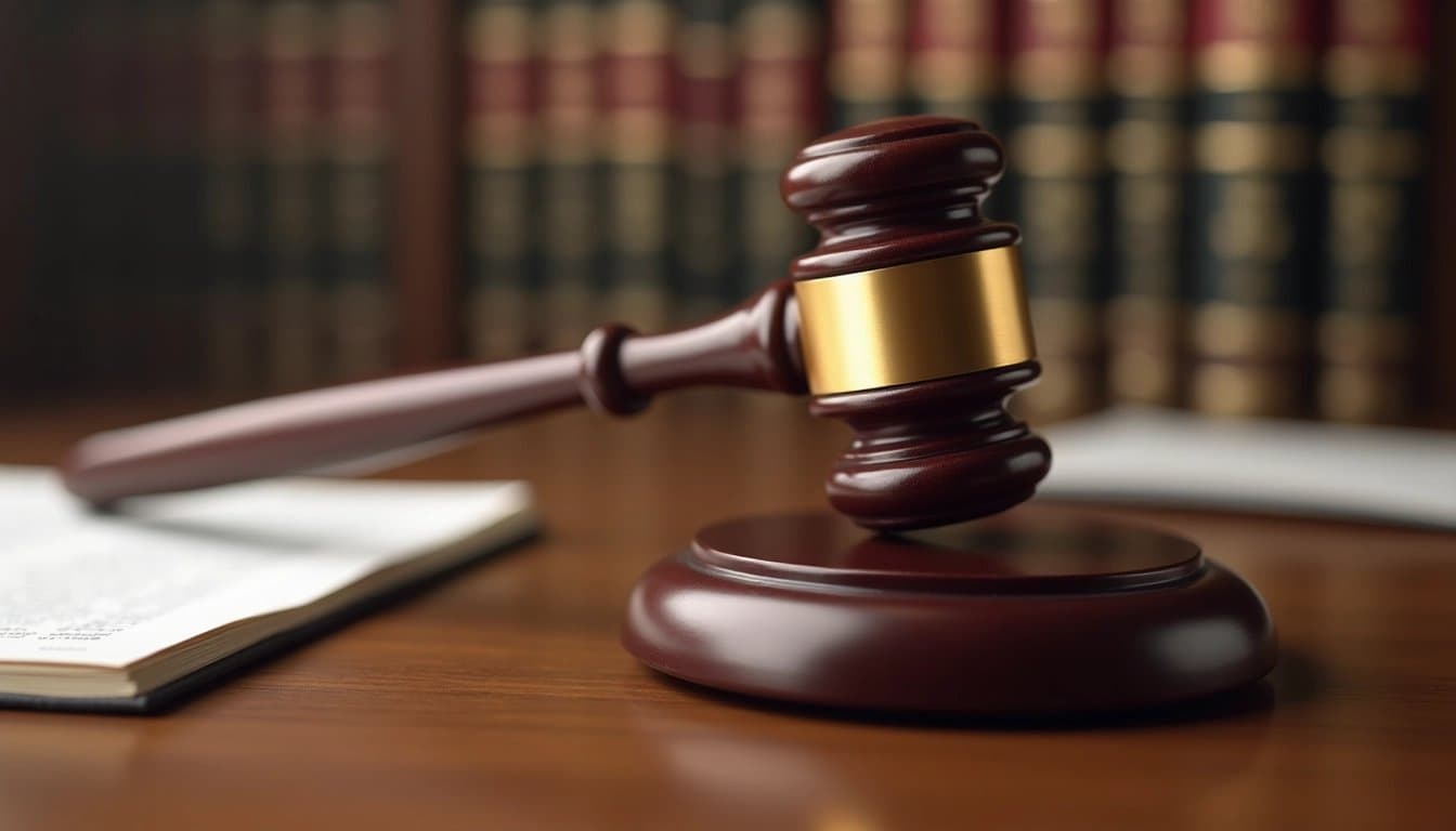 Gavel striking sound block in a courtroom setting, symbolizing legal action.