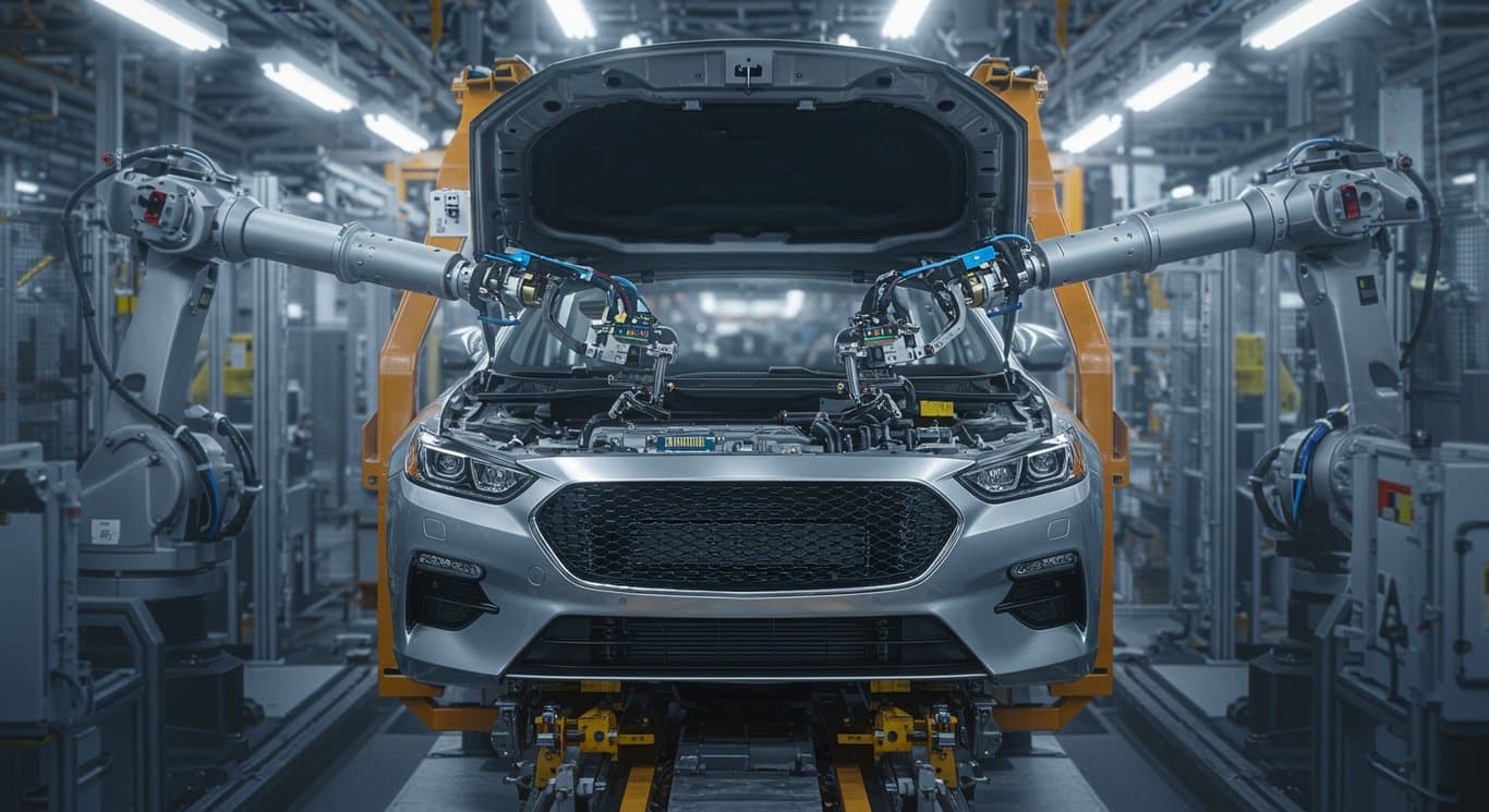 Automobile assembly line with robotic arms installing semiconductor chips.