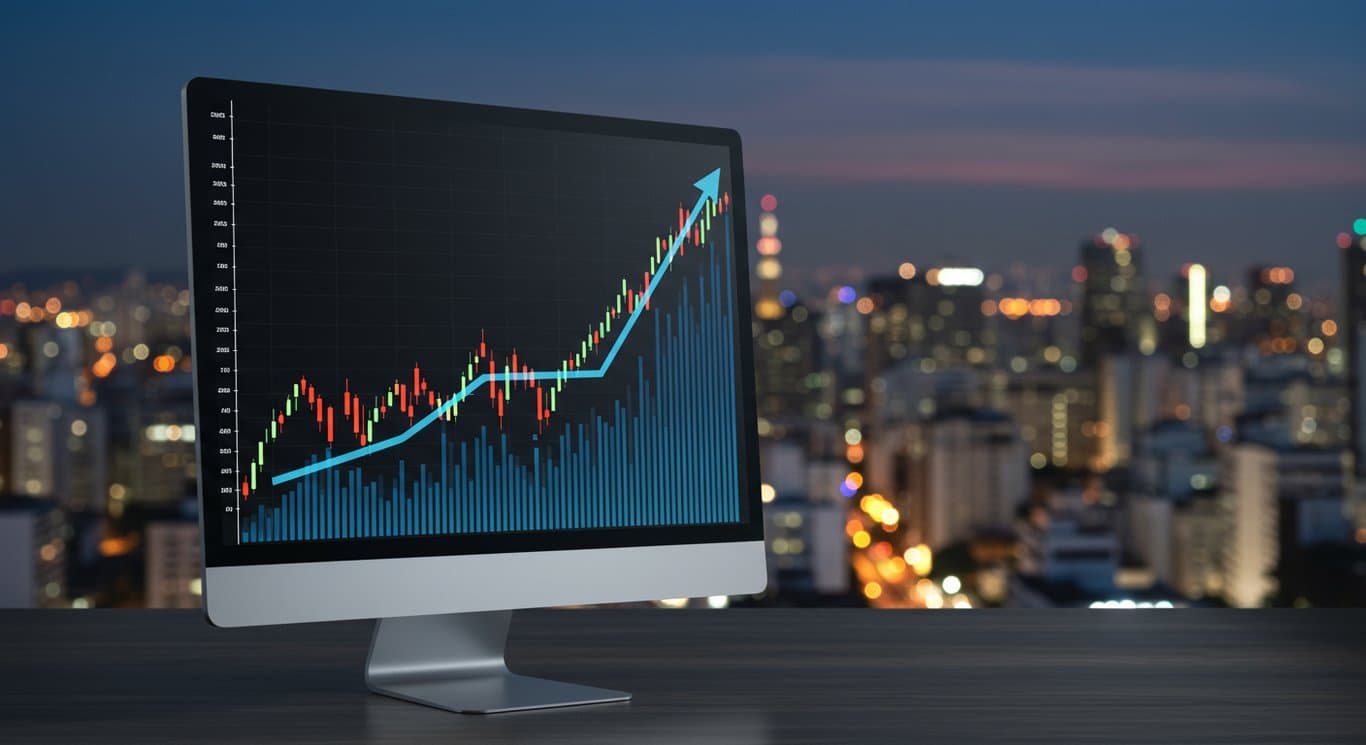 Financial chart trending upwards on a computer screen with a blurred cityscape of São Paulo in the background, representing financial growth in Brazil.