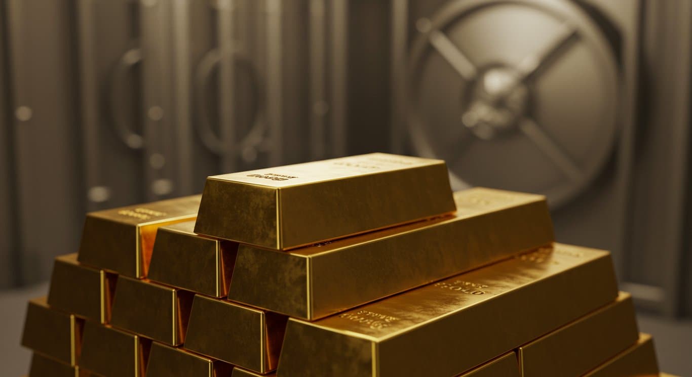 Gold bars stacked in a vault, representing wealth and financial security.