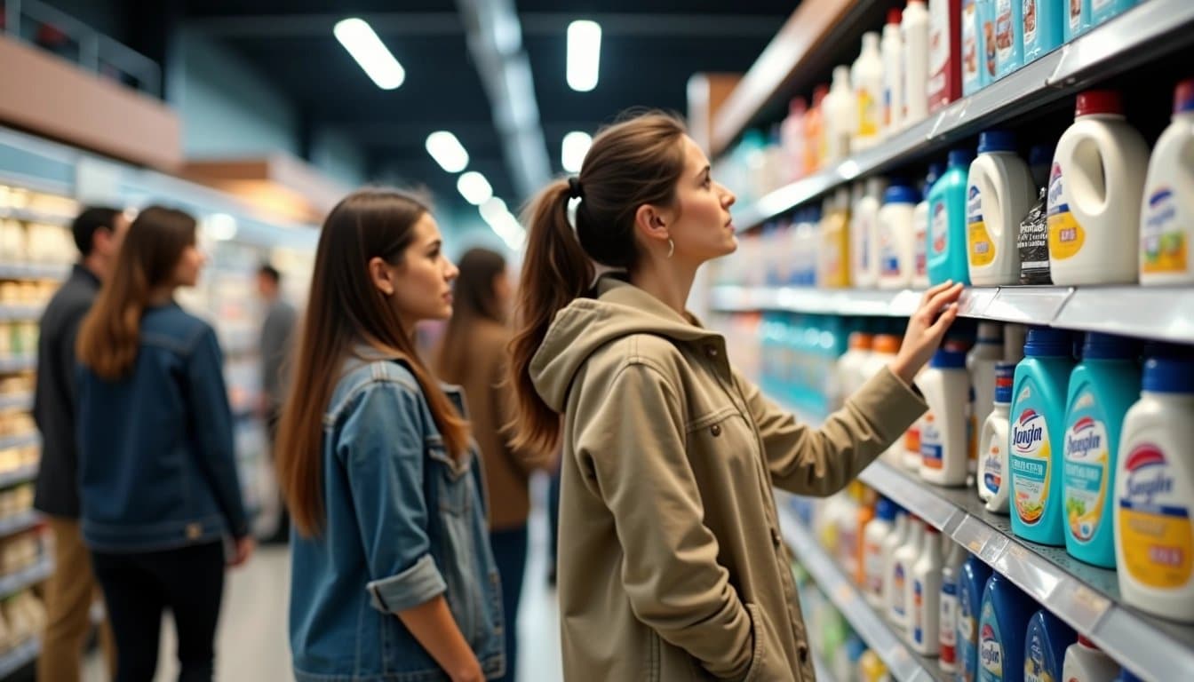 Shoppers in a supermarket aisle browsing P&G products.