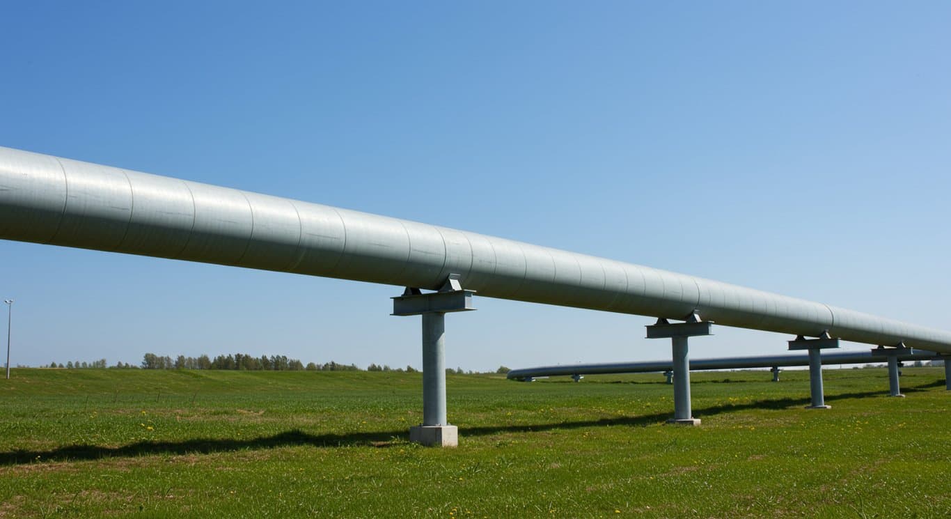 Natural gas pipeline winding through a green landscape.