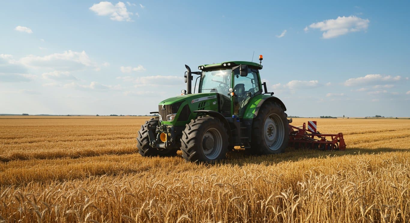 Tractor in a wheat field, symbolizing agricultural technology and a positive outlook.