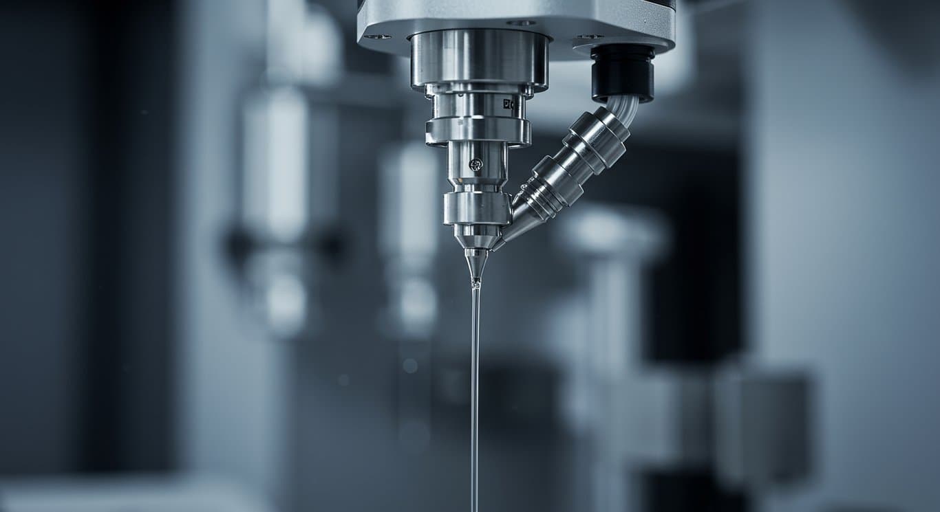 Close-up of a precision fluid dispensing nozzle in an industrial setting, highlighting technological advancement.