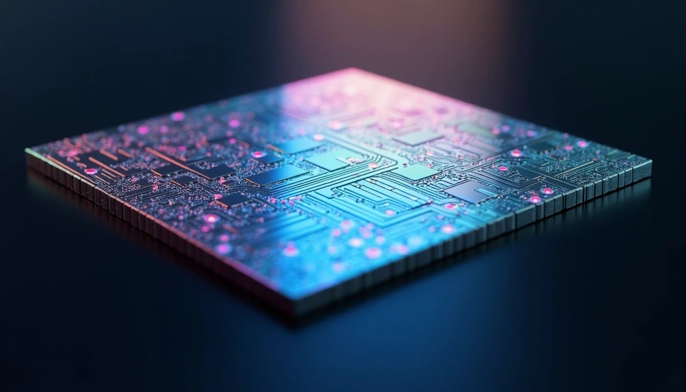 Silicon wafer reflecting circuit design, symbolizing advanced semiconductor technology.