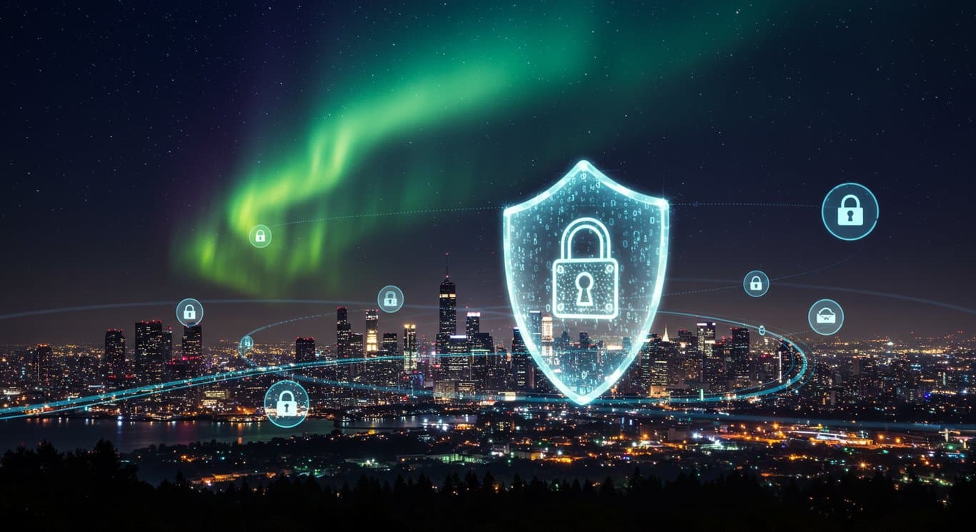 Futuristic cityscape protected by a cybersecurity shield, symbolizing Palo Alto Networks' role in safeguarding digital infrastructure.