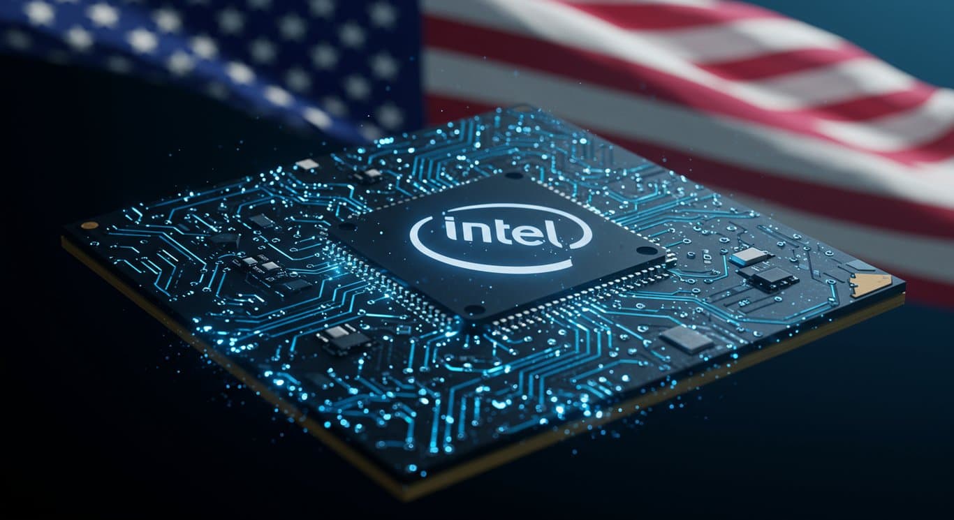 Intel logo on microchip with American flag, symbolizing tech innovation.