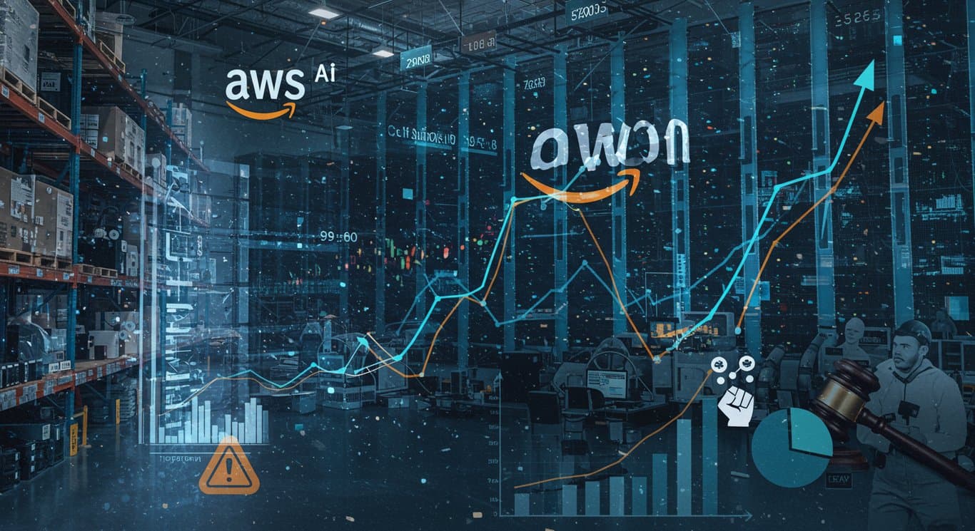 Digital illustration representing Amazon's complex landscape, including AWS, retail, financial trends, labor disputes, and legal challenges.