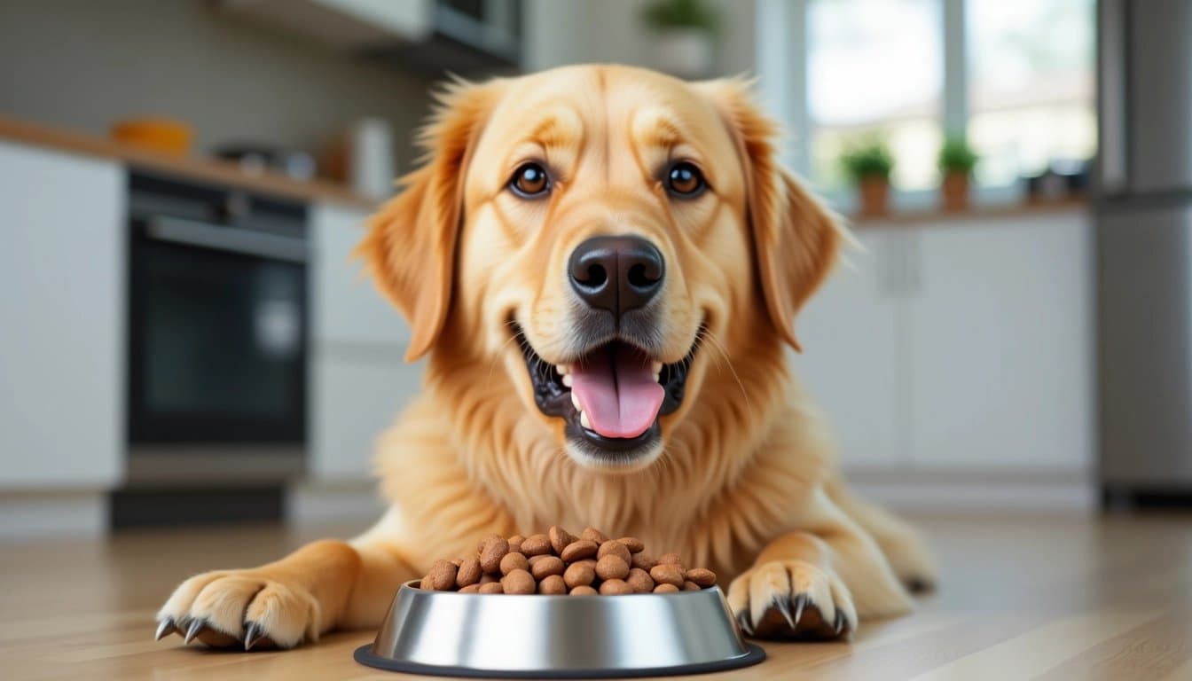 Golden retriever enjoying fresh pet food.