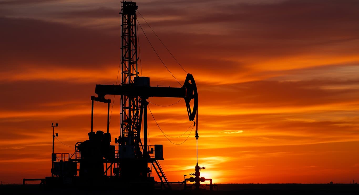 Oil rig silhouetted against a vibrant sunset, representing the energy industry.