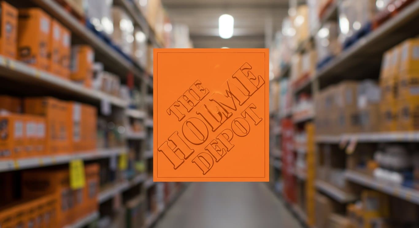 The Home Depot logo in front of a blurred store aisle.