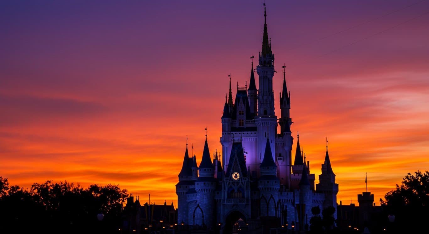 Cinderella's Castle silhouetted against a colorful sunset sky at Walt Disney World.