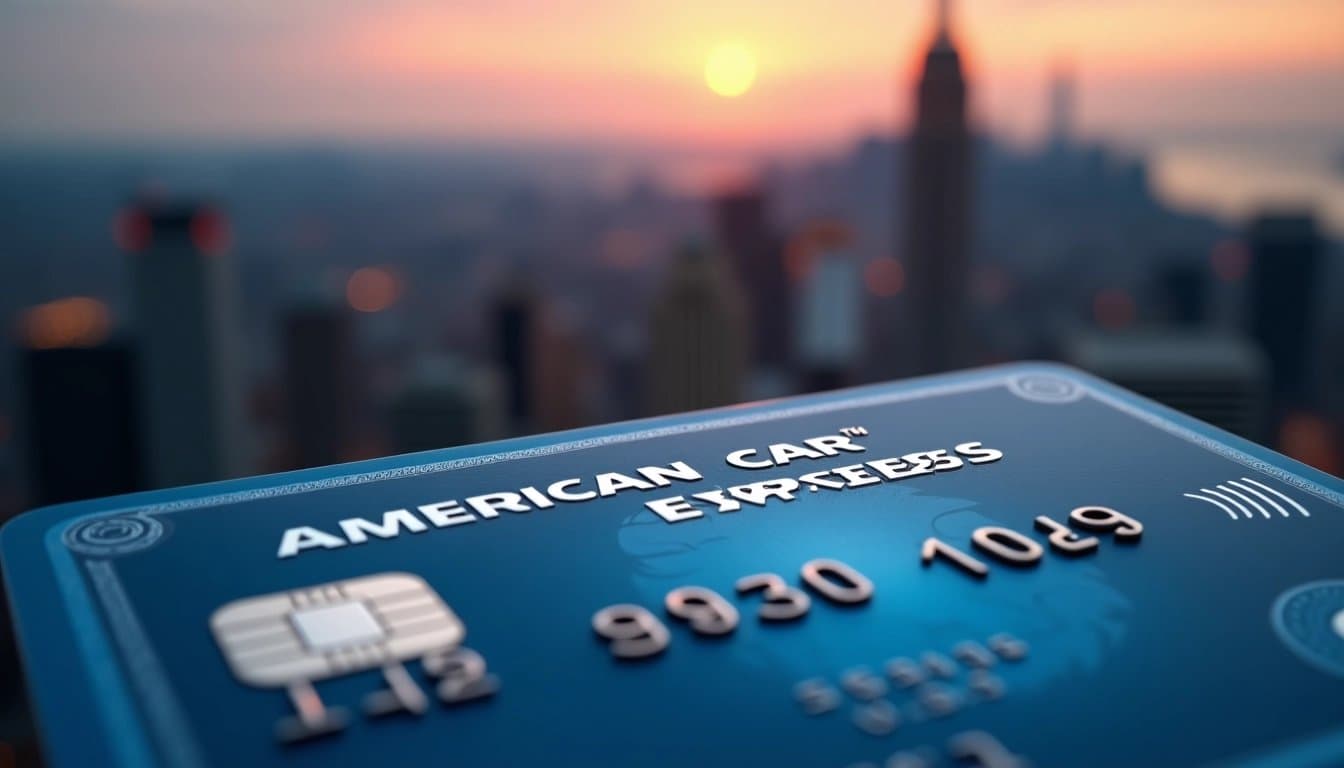 American Express card against a blurred cityscape at dusk, representing global finance.