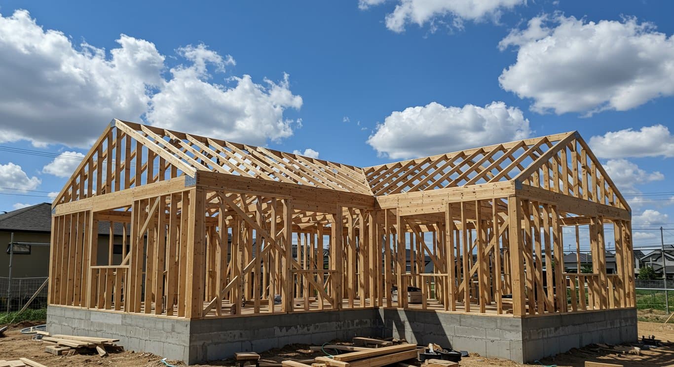 House under construction with blue sky.