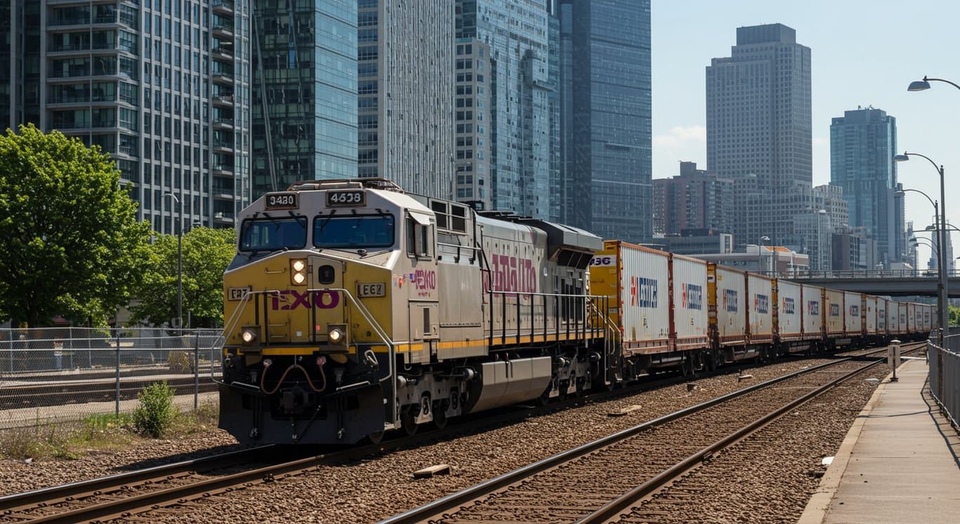 Freight train passing through a city, representing finance and transportation.