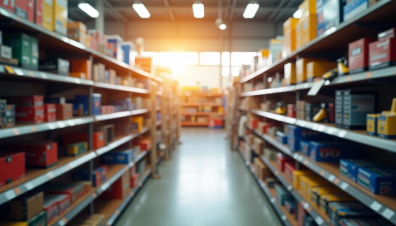 Hardware store aisle with organized tools and supplies.