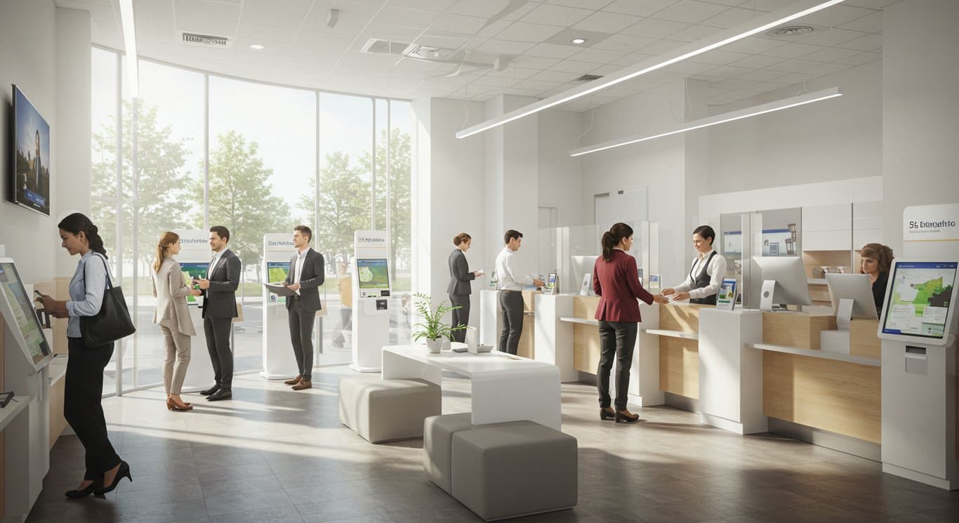 Interior view of a modern Fifth Third Bank branch showcasing customer interactions and digital banking services.