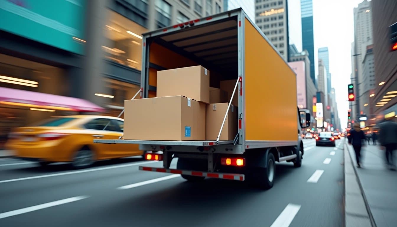 Packages being loaded onto a delivery truck in a busy city setting.