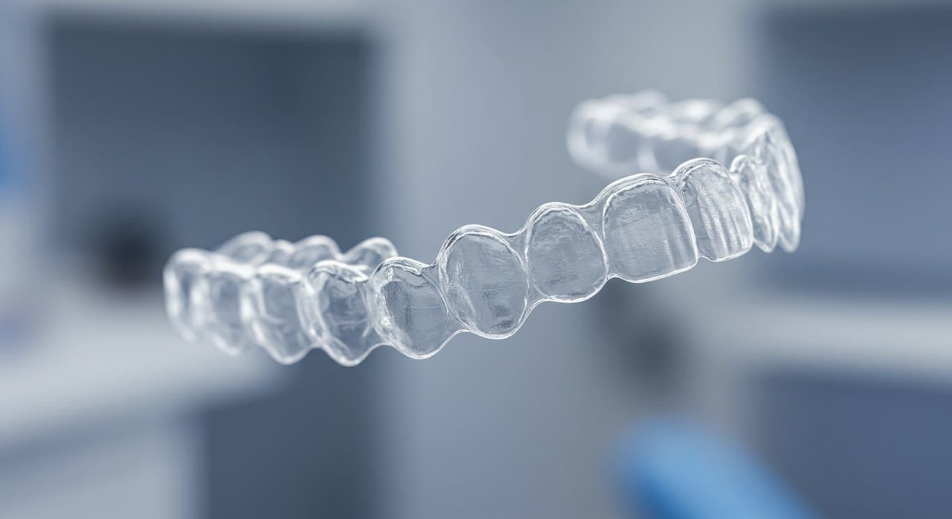 Close-up of Invisalign aligners in a dental setting.